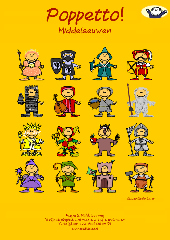 16 figuurtjes geïnspireerd door de middeleeuwen. Poster in kleur