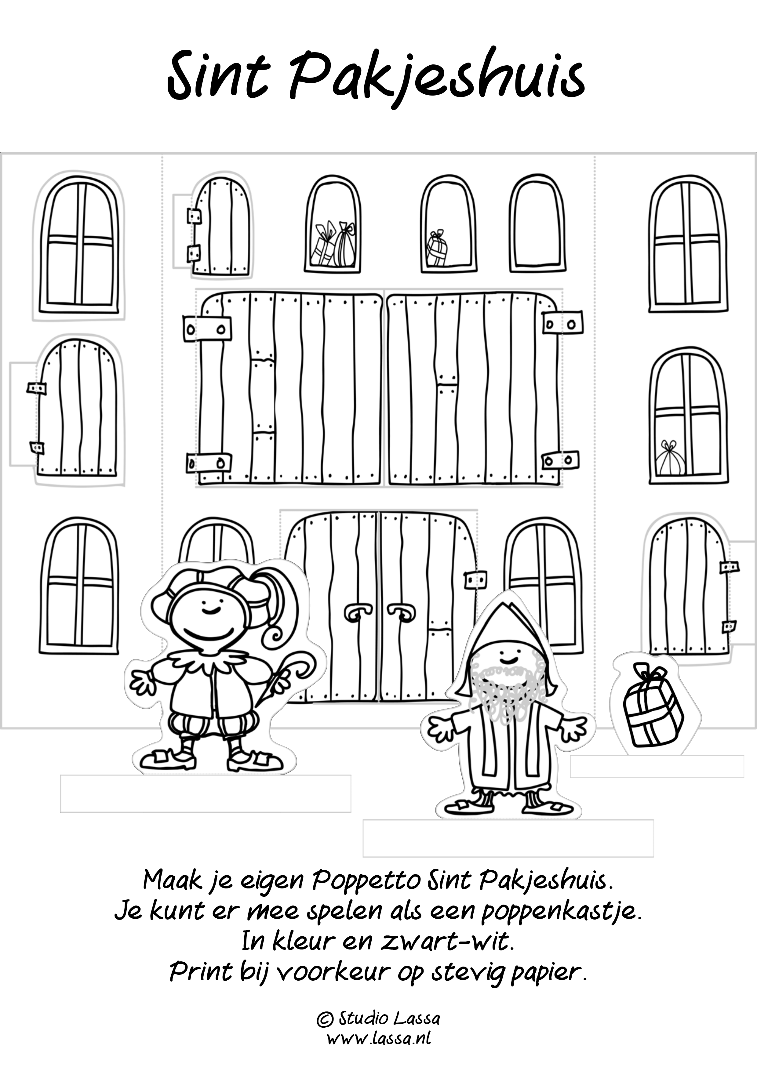 Maak je eigen Poppetto Sint pakjeshuis om poppenkastje te spelen. In zwart-wit om zelf te kleuren.