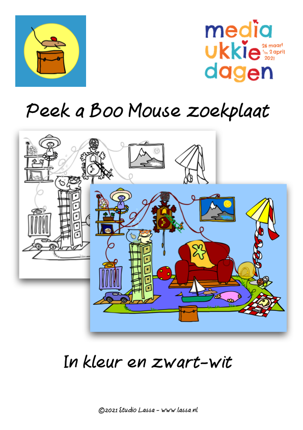 Peek a Boo Mouse zoekplaat poster en kleurplaat